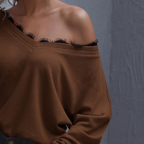 Black eyelash lace detail off shoulder waffle top - Picture 4 of 14